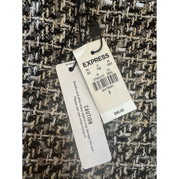 Express Black Gold Multi Tweed Mini Skirt Fringe Trim Mock Wrap NWT Size 6 NEW - Picture 5 of 14
